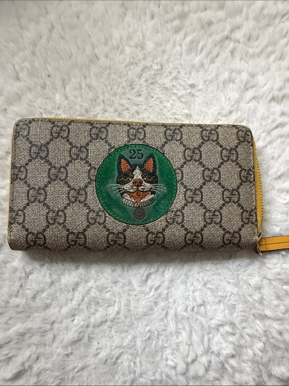 Gucci Beige Monogram Zip Phone Case with Green Cat Patch